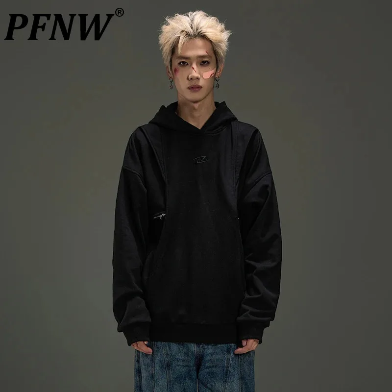 

PFNW Deconstruction Splicing Zipper Embroidery Hooded Sweatshirt Men's American Long Sleeve Autumn New Loose Trendy Tops 28W4573