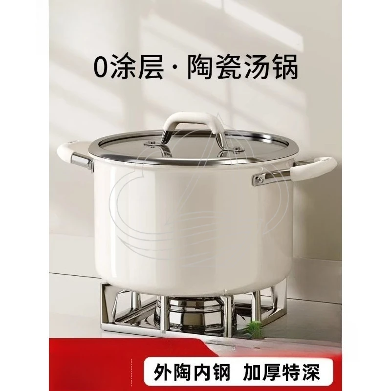 Food Grade Thick Stainless Steel Ceramic Stock Pot Double Handles Soup Porridge Stew Pot for Induction & Gas