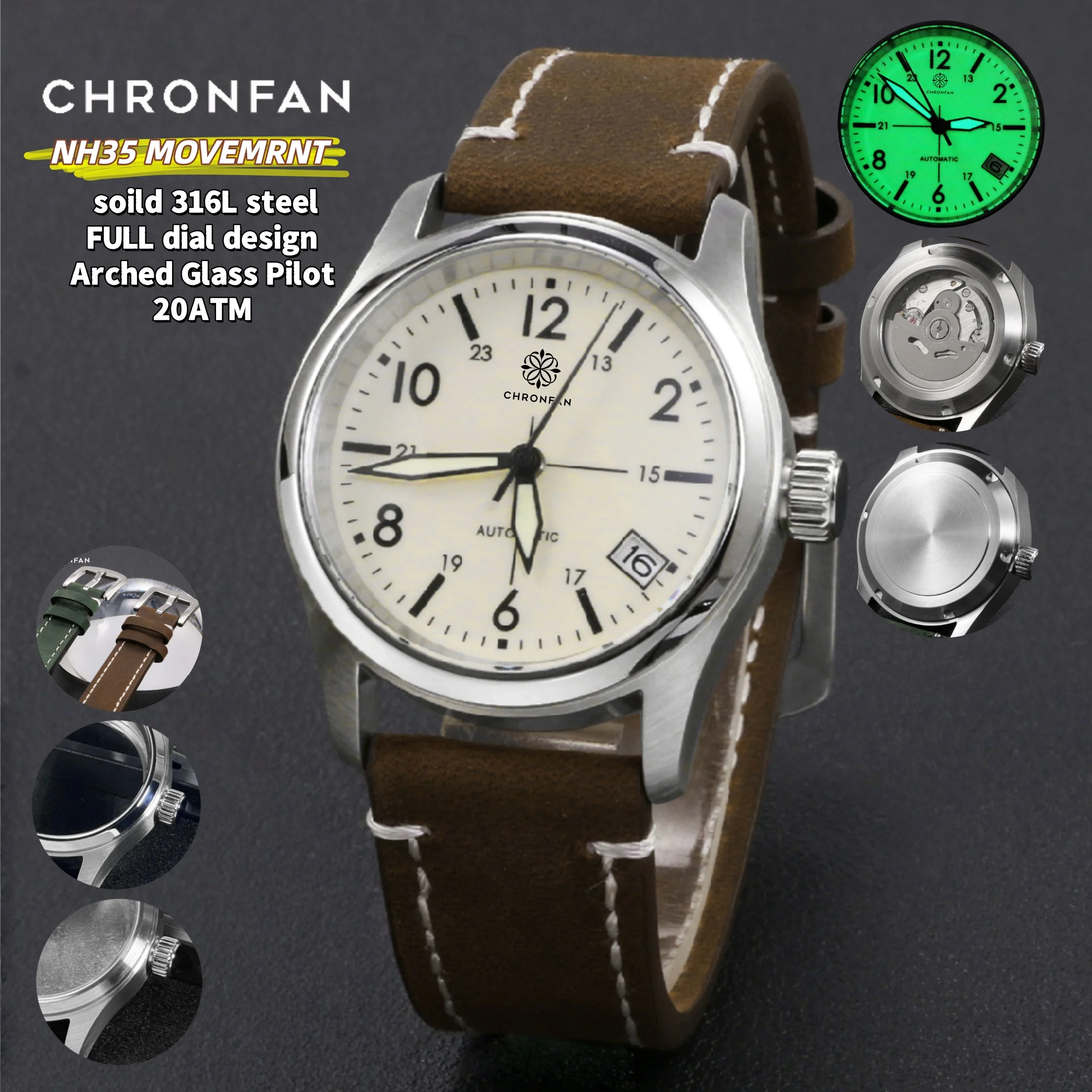 36mm Vintage Pilot Little Prince Men's Automatic Watch NH35 Movement 20ATM C3 Full Lume Wristwatch Relogio AR sapphire crystal