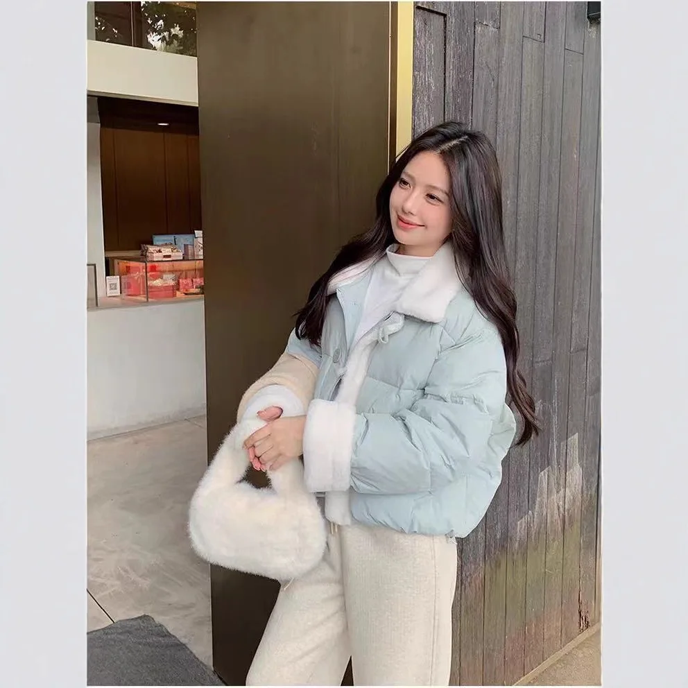 Short Women Parkas Coat Shearling Jacket Solid Pocket Turn Down Collar Single Breasted Loose Fit Thick Casual 2025 Autumn Winter