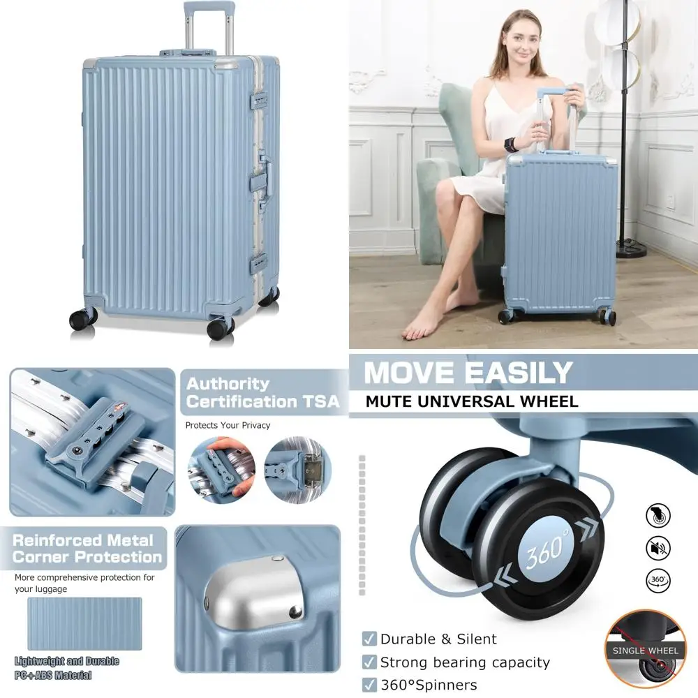 Aluminum Frame Hard Shell TSA Lock Luggage Suitcase 28 Inch Blue Travel Case No Zipper Long-Lasting Durability