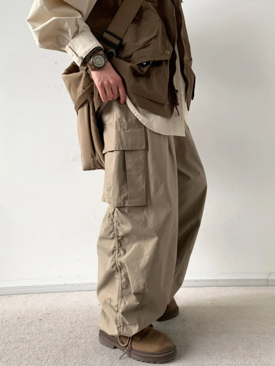 

Ретро-японские свободные брюки с широкими штанинами в рабочем стиле, прямого кроя, с множеством карманов, повседневные брюки для мужчин и женщин