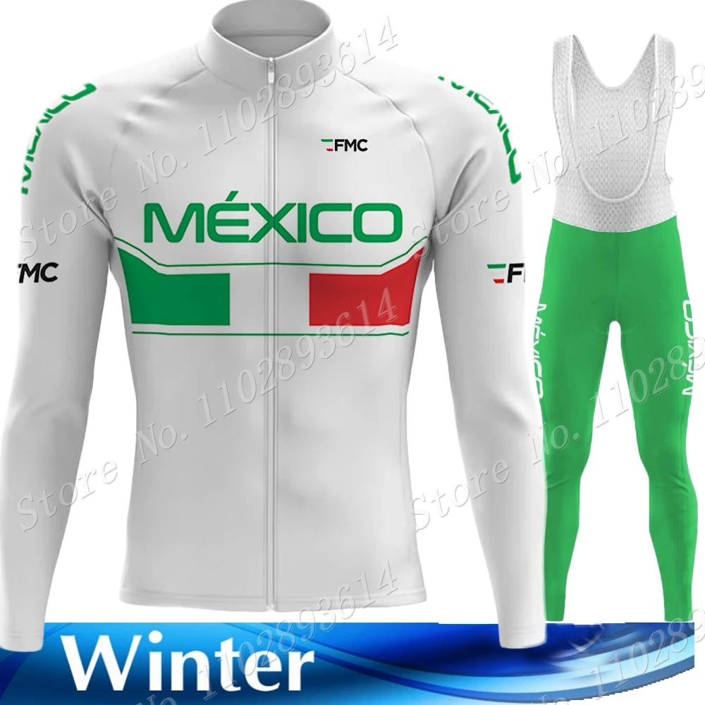 National Team Mexico Cycling Jersey 2023 Set Long Sleeve Green Winter Clothing Road Race Bike Jacket Suit MTB Ropa Maillot