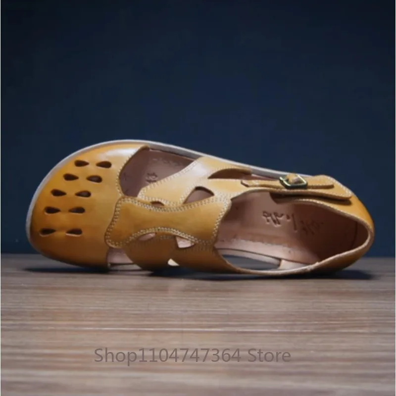 Cowhide Washed Retro Summer Hollow Out Casual Sandals Men's Shoes Summer Genuine Leather Fashion Handmade Beach Shoes Male