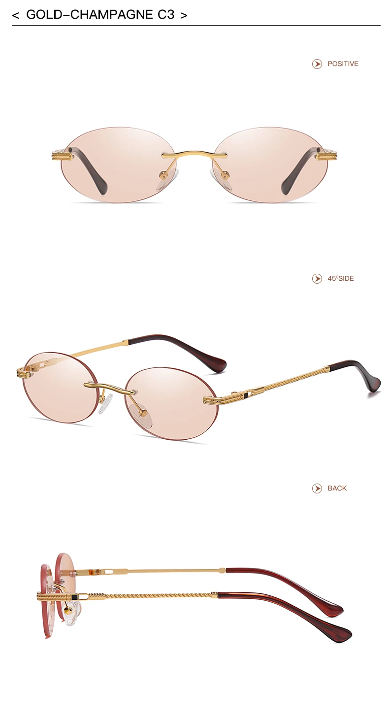 Retro Ovale Sonnenbrille Randlos Herren Blau Verspiegelt Gold Metall Herrenbrille Rund Rahmenlos Damen UV400 – Detail 14