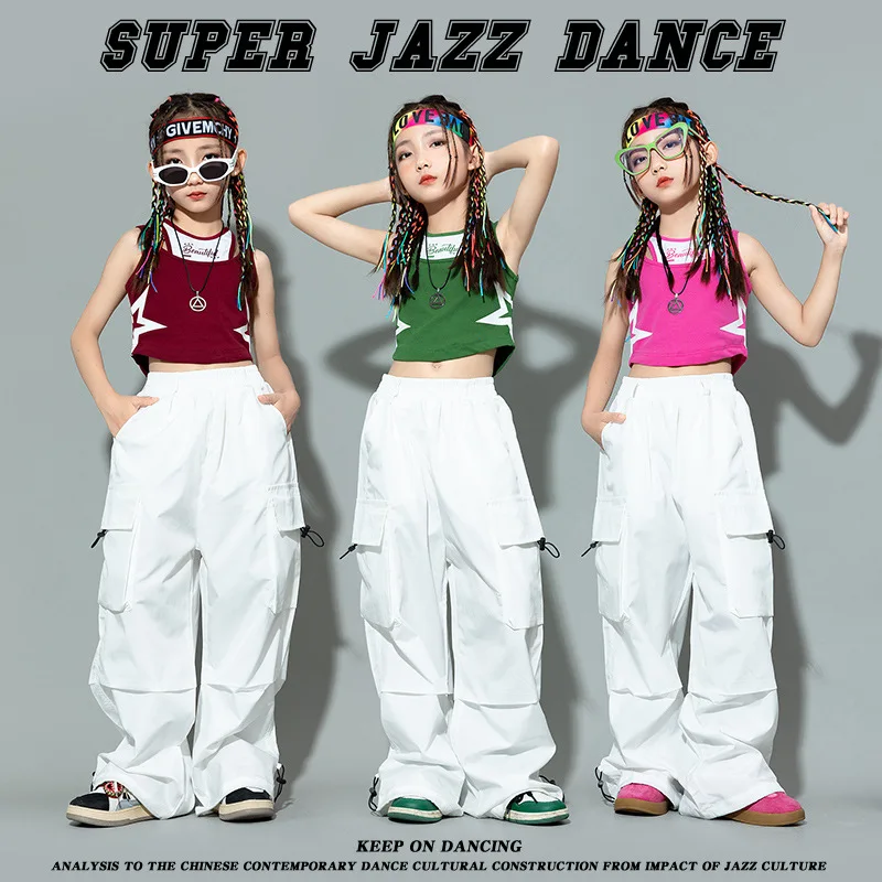 

Hip Hop Girls Crop Top contrast Cargo Pants Child Jazz Joggers Streetwear Sweatshirt Kids Street Dance Cheerleader Clothes Sets