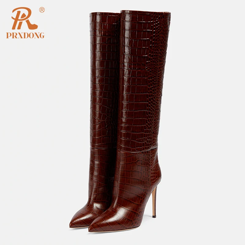 PRXDONG INS New Sexy High thin Heels Pointed Toe Autumn Winter Warm Knee High Boots Black Brown Dress Party Female Long Boots 39