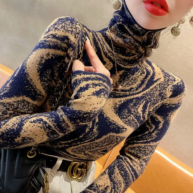 

Women's Clothing Vintage Printed Pullovers Casual Turtleneck Autumn Winter Commute Long Sleeve All-match Slim Knitted T-shirt