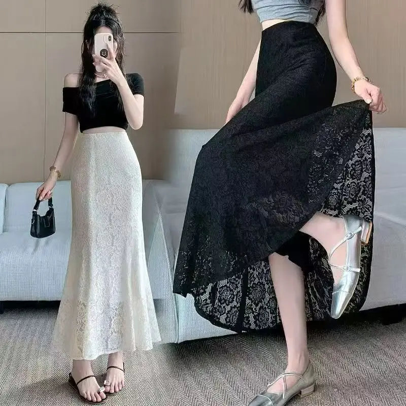 순수한 욕망 레이스 피쉬테일 하프 스커트 여성용 섹시 슬리밍 드레이핑 A라인 롱 스커트 하이웨이스트 봄 가을 신상