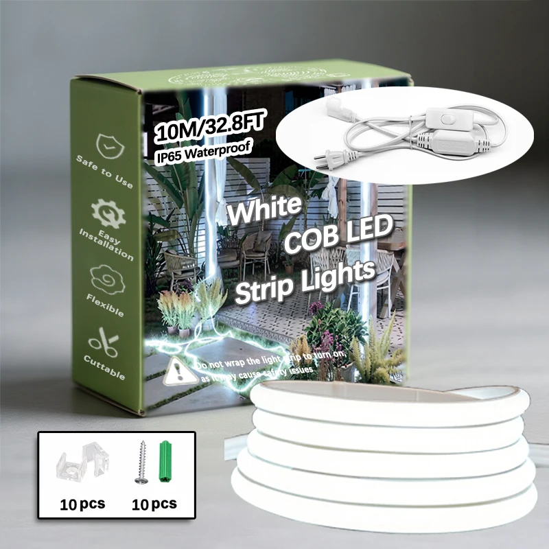 

110V COB LED Strip Lights 32.8ft Direct Plug in White IP65 Waterproof Flexible Cuttable LED Rope Light for Bedroom Living Room Outdoor Decoration Home Lighting
