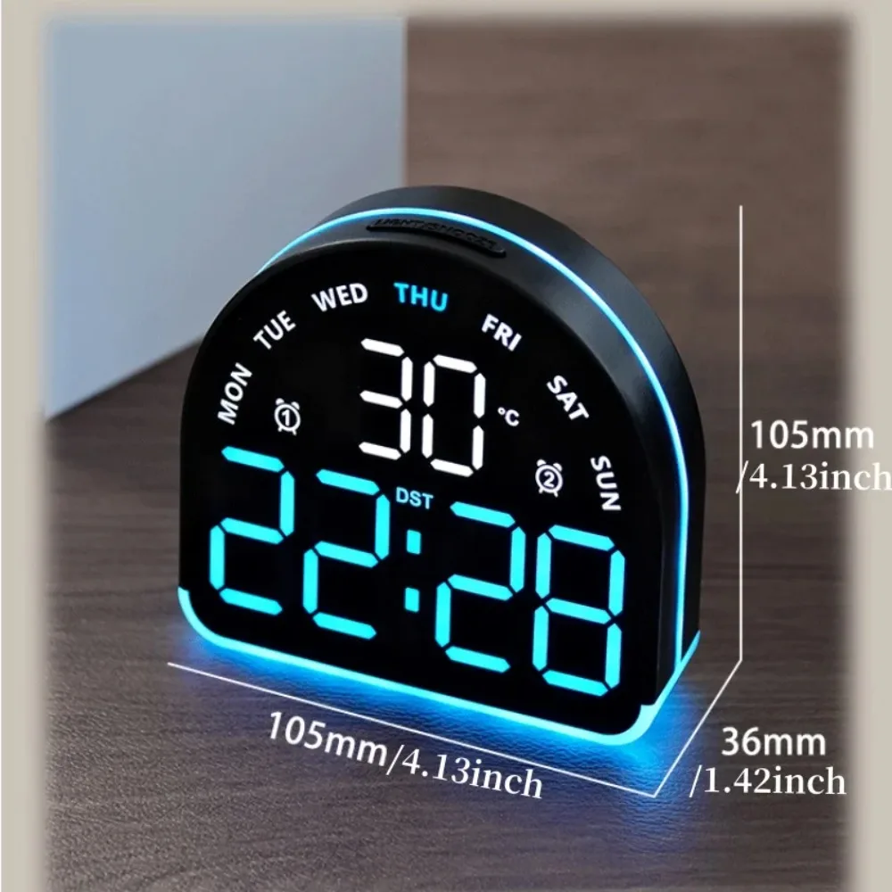 USB Powered Digital Alarm Clock with Mood Light, Display Temp Date Week, 3-Level Brightness Auto Dimmable LED Desk Clock