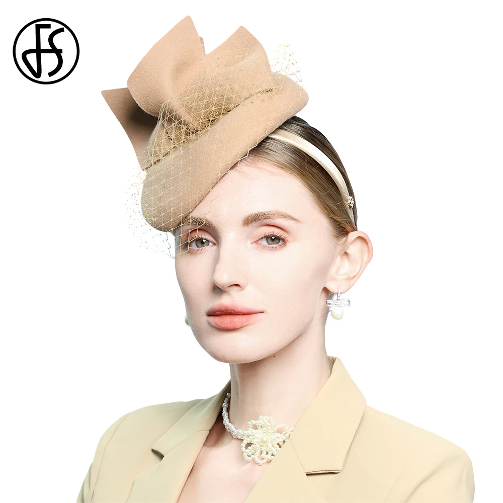 

Vintage Camel Wool Fascinator Hats for Women Elegant Church Wedding Horse Racing Festival Hat with Veil Pillbox Cap