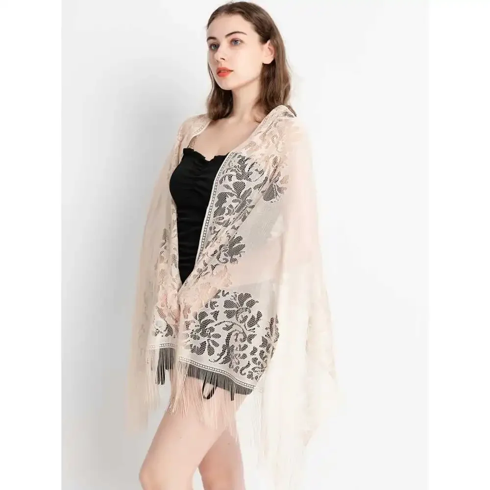 Elegant Lace Tassel Shawl for Evening Dresses, Weddings & Beach - Versatile Women's Fashion Accessory