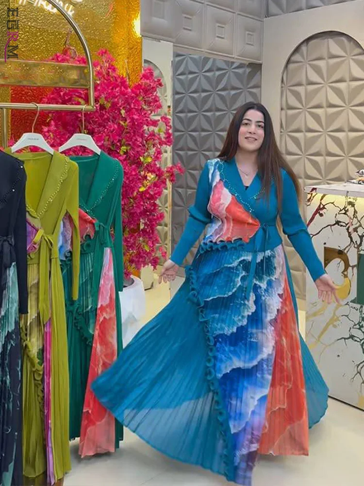 EGRM ใหม่ Miyake ชุดเดรสทรงเอจับจีบประดับด้วยลูกปัด Ruffled Panelling ‌   Spliced Design Loose Large Size with Stretch Prom Dresses 6R7195