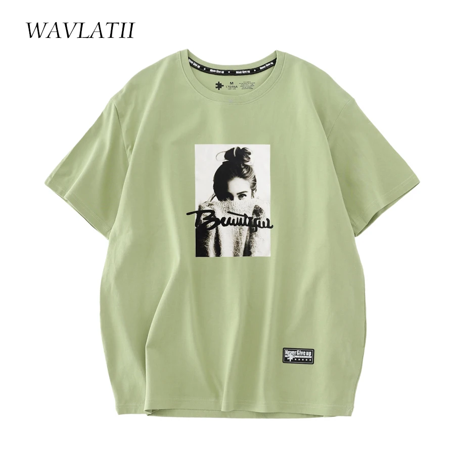 Wavlatii-レディースピンクホワイト半袖Tシャツ,カジュアルでトレンディなサマートップ,100% コットン,グリーン,wt2218