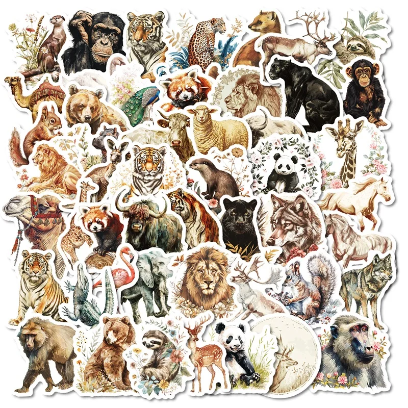 

10/30/50PCS Vintage Colored Animal Sticky PVC Sticker Aesthetic DIY Decoration Scrapbooking Hand Accounting Supplies for Kids