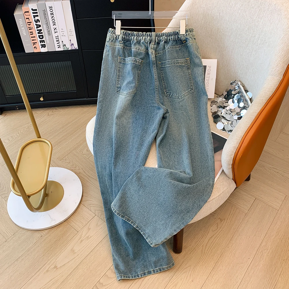 Plus-size women's Fall Casual commute baggy comfort jeans Light blue butterfly print high-waist-straight pocket button pants big