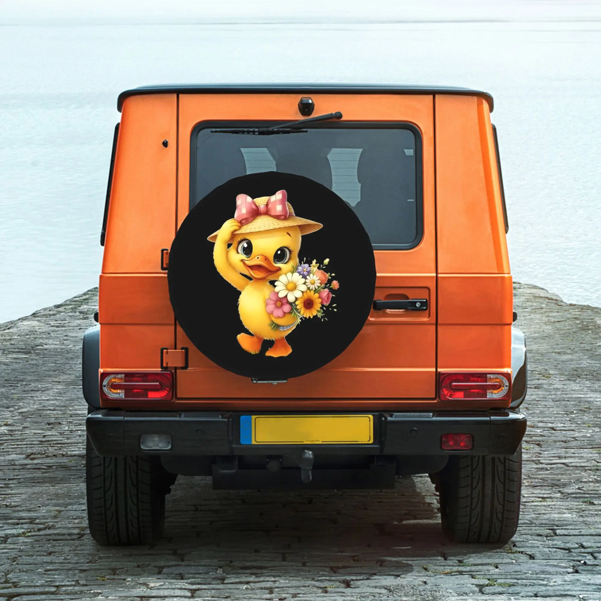 2D Flat Printing 1pc Cute Yellow Duck With Straw Hat Flowers Printed Car Tire Cover, Universal Stylish Spare Wheel Protector, Pe