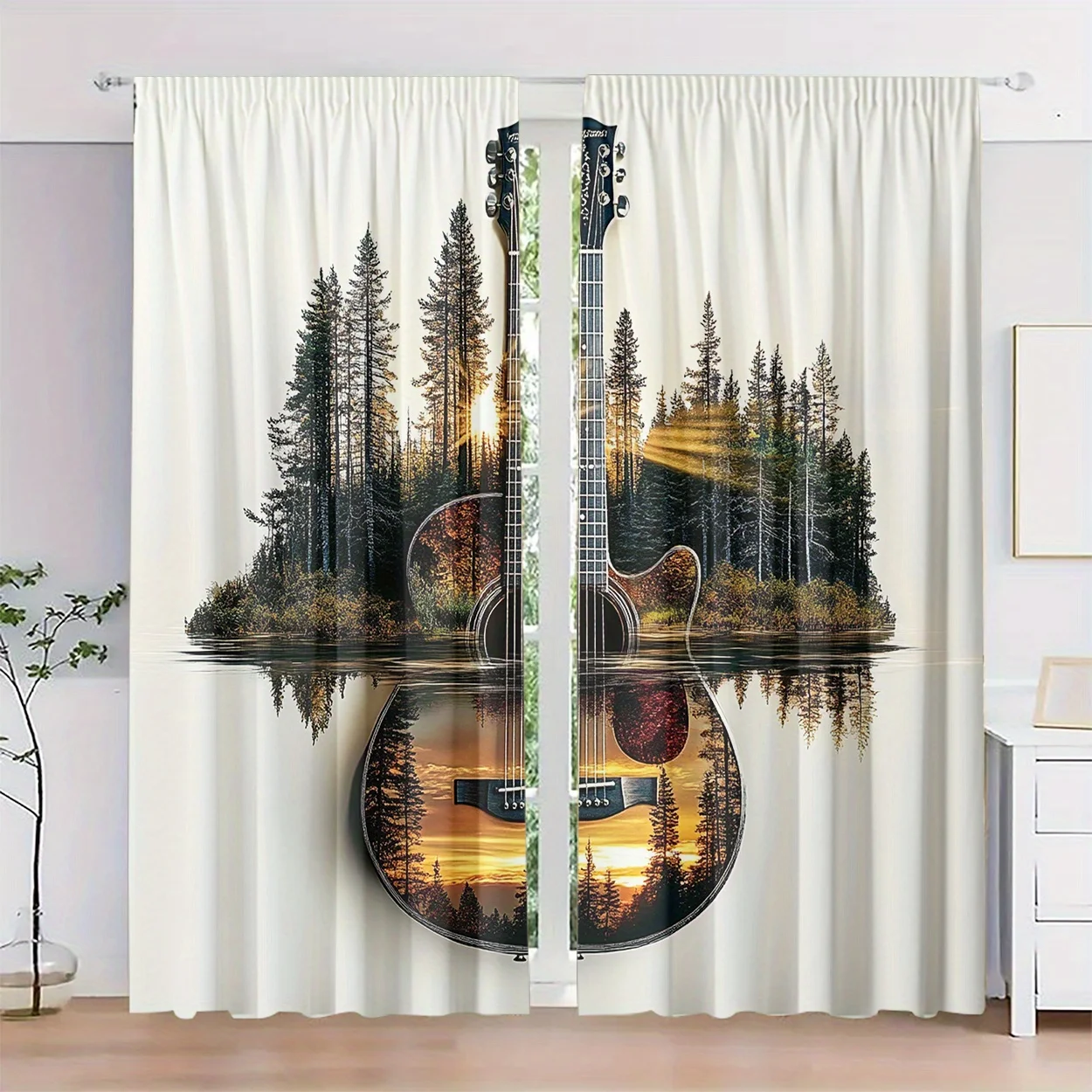 Guitar Mountain River Curtains Set of 2 Polyester HD Print Rod Pocket Light Filtering for Bedroom Living Room