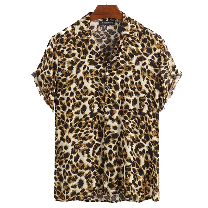 New Leopard Print Men\'s Shirts Tops Summer Short Sleeve Turn-down Collar Single Breasted Hawaiian Shirt Mens Camisas