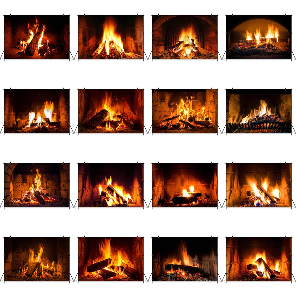 

Vintage Burning Fireplace Flame Photography Background Props Christmas Eve Family Party Decoration Backdrop Banner Studio Shoot