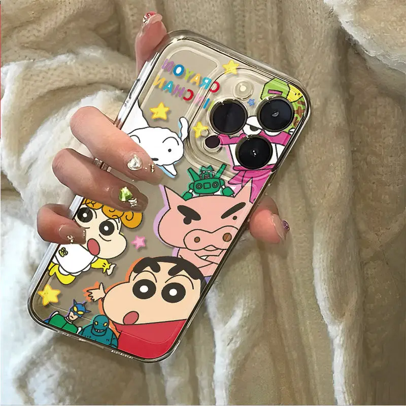 Funny Crayons Shin chan Phone Case For iPhone 16 15 14 13 12 11 Mini Pro Max X XR XSMax 7 8 Plus SE20 Transparent Cover