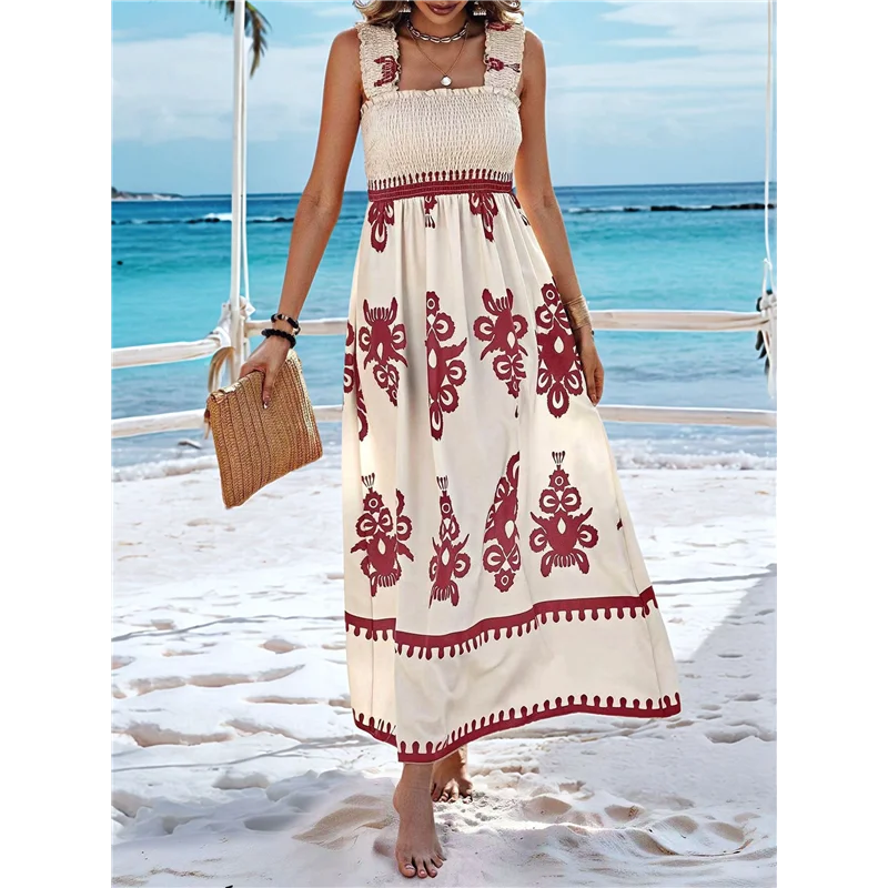 【Party-Decoration】Womens Square Neck Boho Maxi Dress Casual Long Spring Summer Dresses Sundresses For Women Beach Vacation 2025