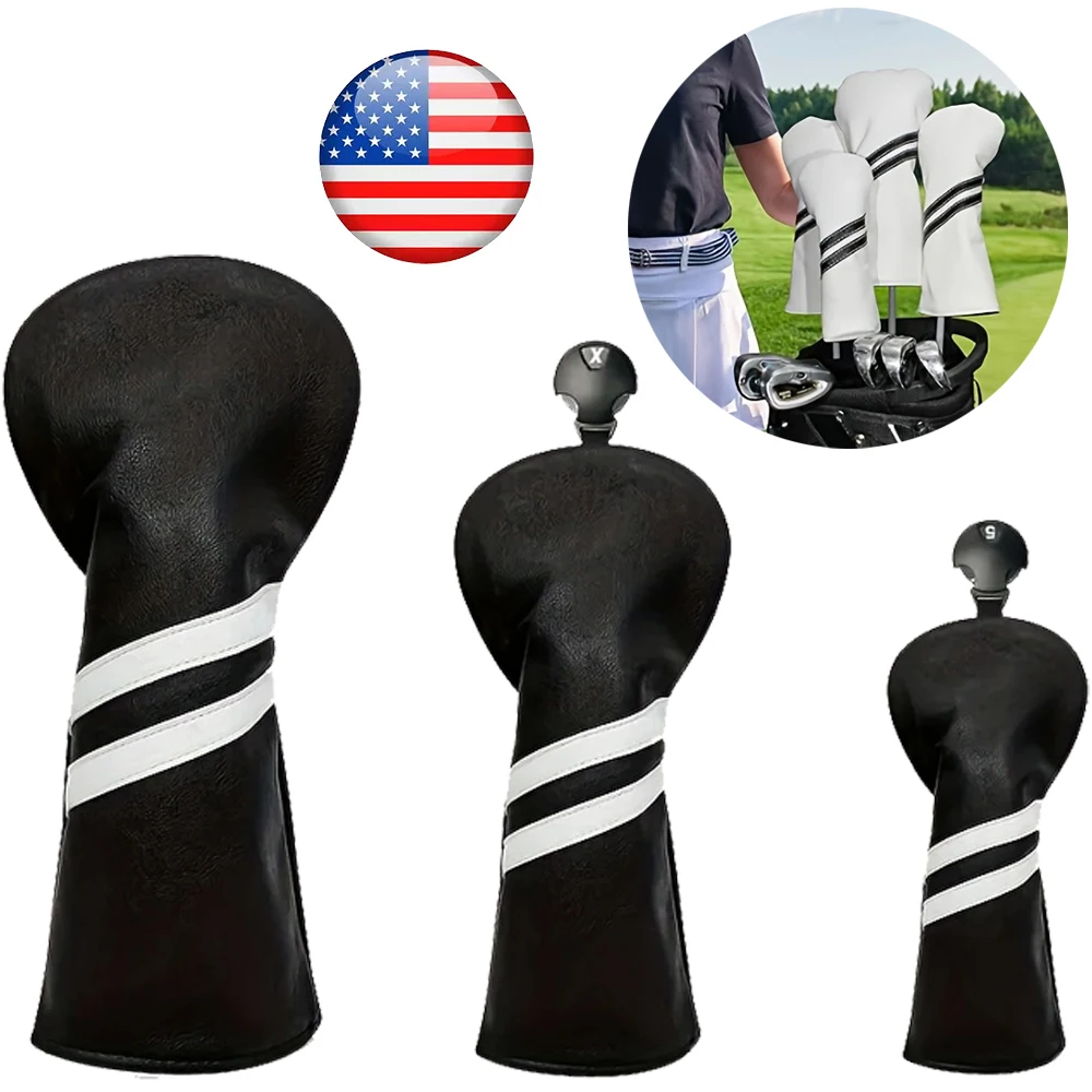 

3pcs PU Material Golf Club Headcover Durable Prevents Friction Impact Essential Golfer Outdoor Course Use Golf Sports Accessory