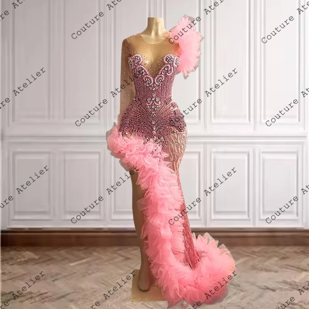 Pink Ruched Silt Mesh Sleeve Rhinestone Prom Dress For Black Girl Elegant Graduation Dress African Wedding Gowns vestido de gala