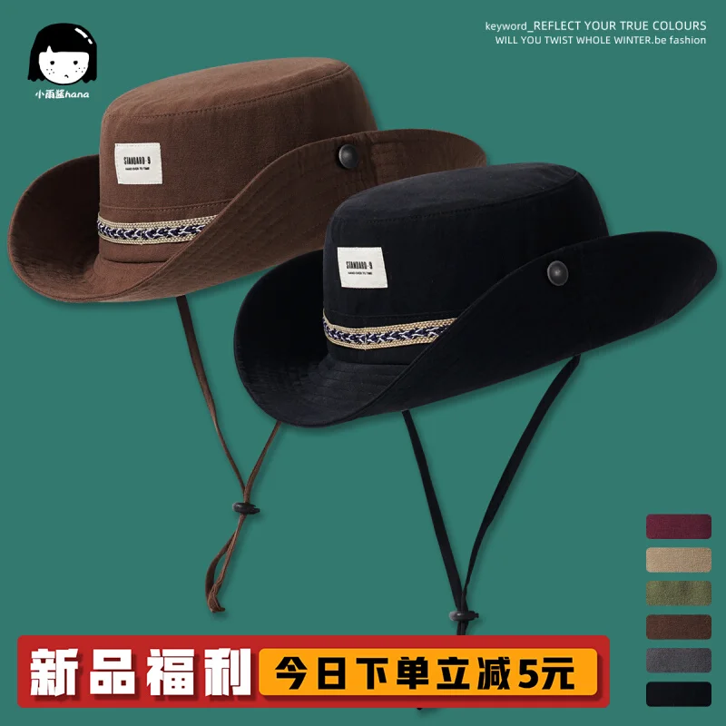 

Retro Big Brim Sun-Proof Cowboy Hat Women's Japanese Outdoor Sunshade Wind Proof Rope Bucket Hat Fishing Alpine Cap Men