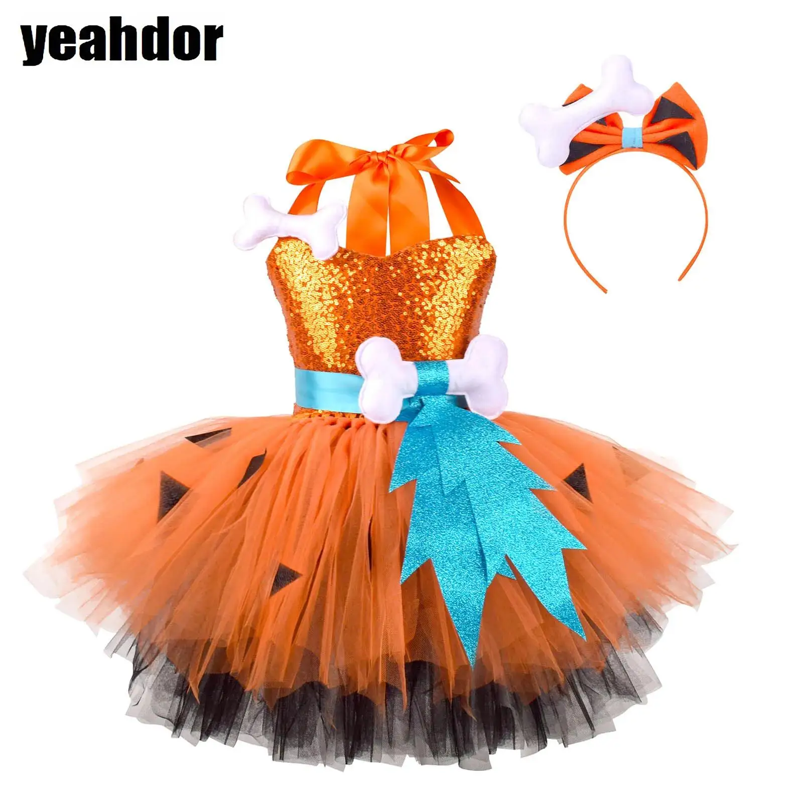

Girls Cave Costume Cavegirl Sequin Dress Halter Neck 3D Bone Puffy Tulle Dress with Headwear Halloween Cosplay Stone Age Caveman