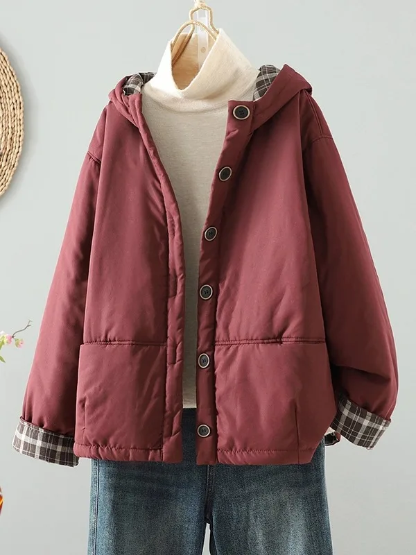 

Женское повседневное теплое пальто из чистого хлопка с капюшоном, винтажное свободное пальто, осень-зима, новое поступление для среднего и старшего возраста...