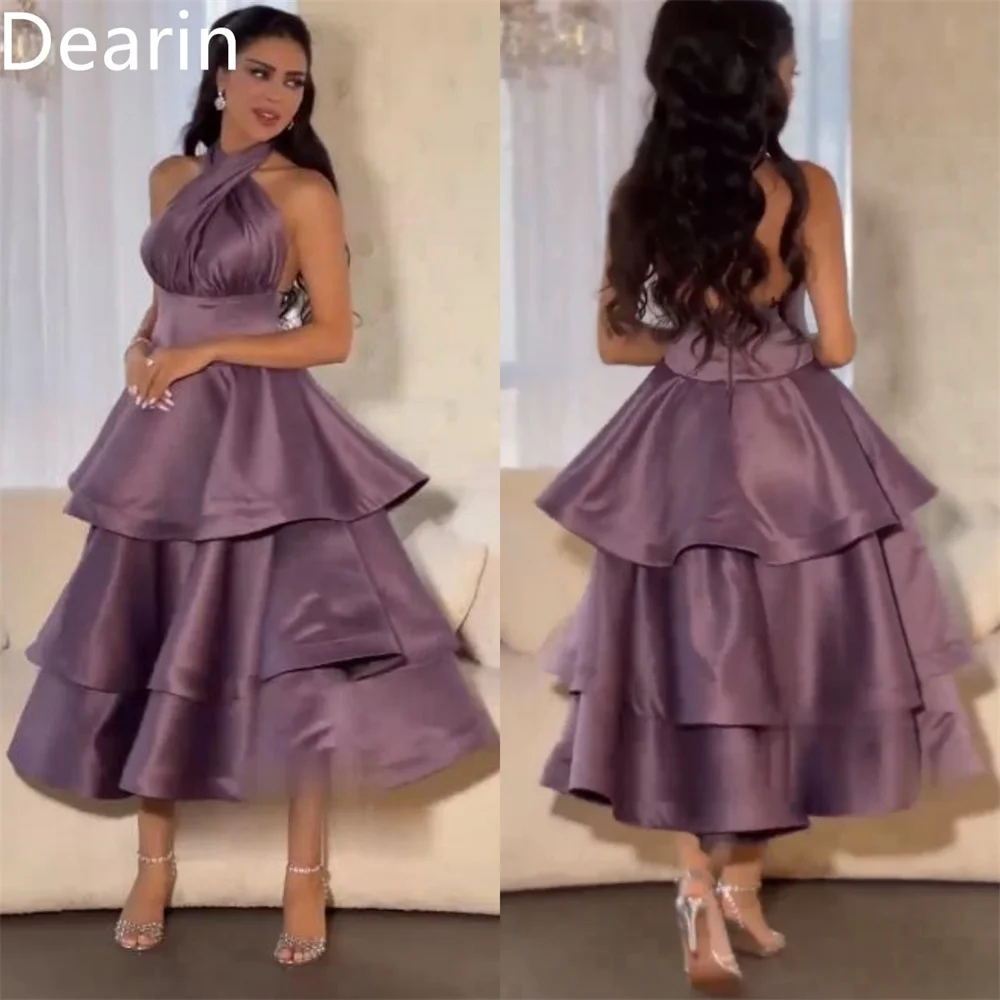 Customized Prom Dress Dearin Halter Ball Tea Length Skirts Layered Draped Sleeveless Open Back Bespoke Occasion Dresses Formal S