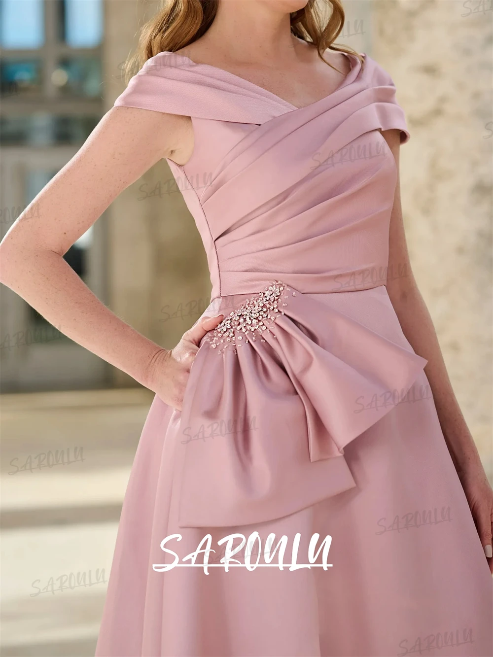 Graceful Satin Wedding Guest Dress 2026 Off the Shoulder Beaded Mother of the Bride Groom Dresses Customized Party Gowns image 2
