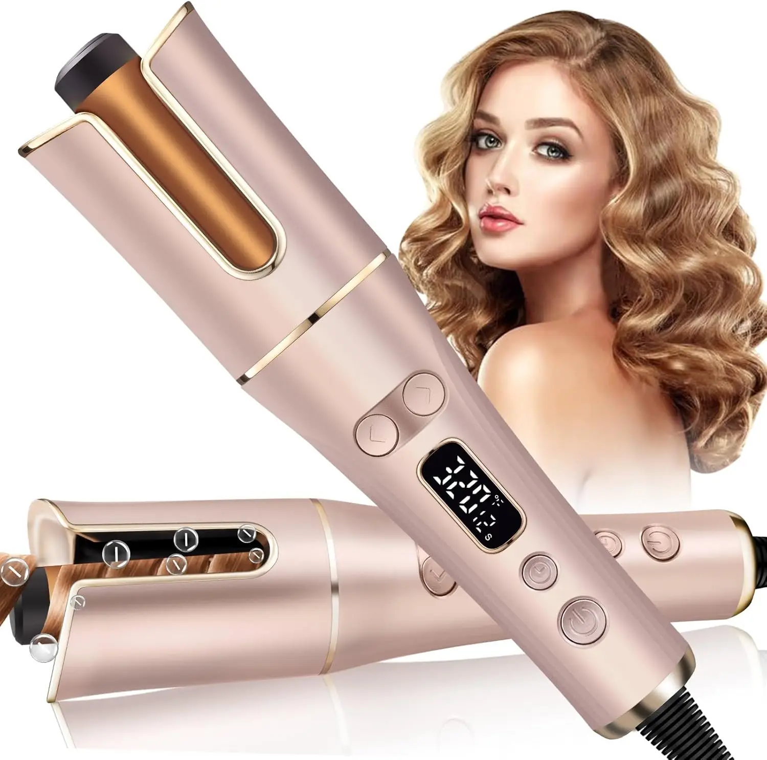Auto Hair Curler with LCD Display, 4 Temps & 3 Timer, Rotating 1" Barrel, Dual Voltage