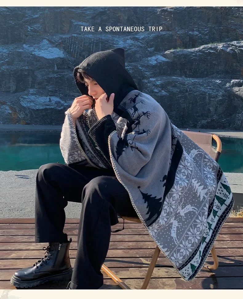 Man Poncho Shawl outer casual versatile Christmas style men's Cape hooded cloak travel thick warm cloak  Women