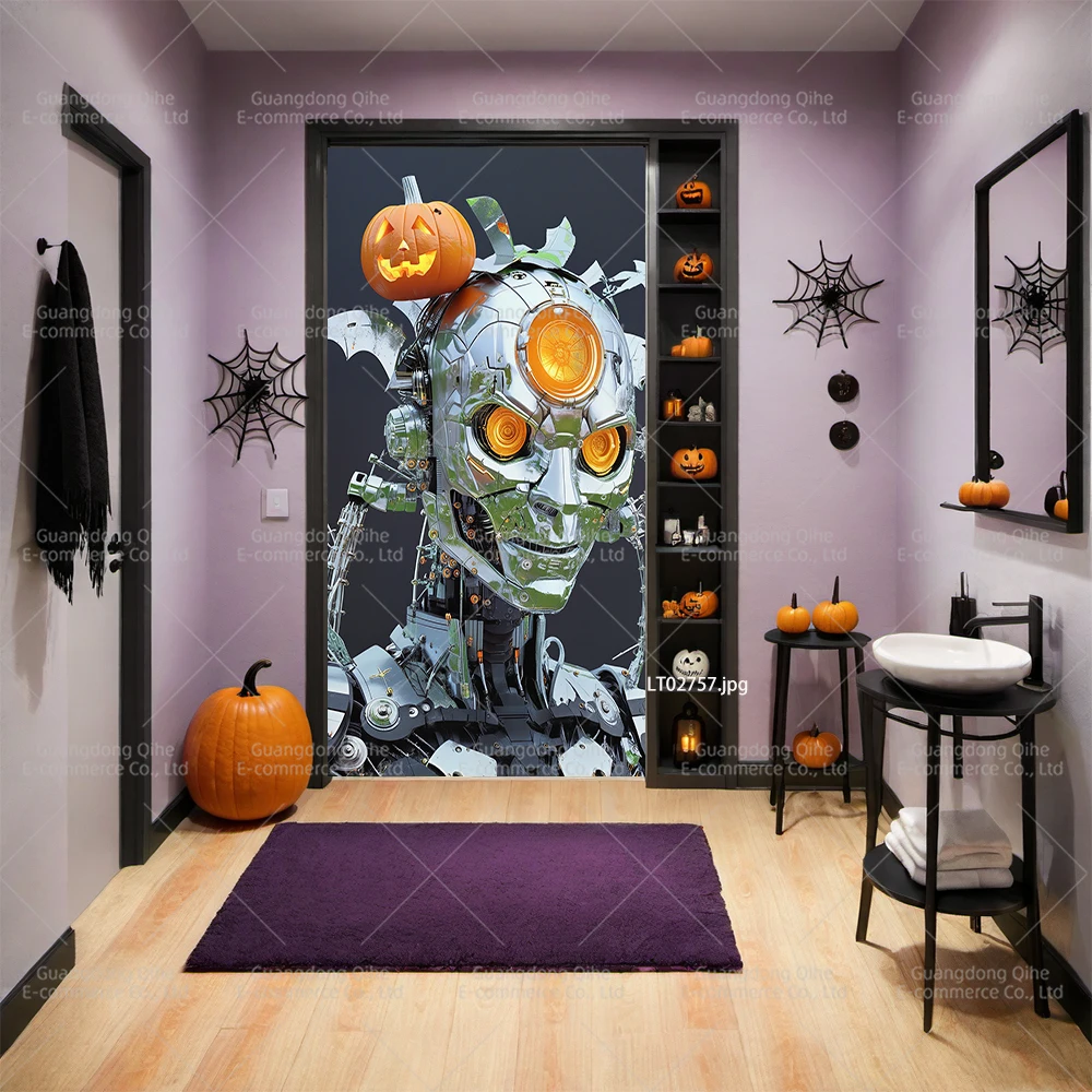 Halloween Door Decals - Scary Spider Web Ghost Vinyl Stickers, Waterproof Removable for Home Window Wall, Halloween Party Decor