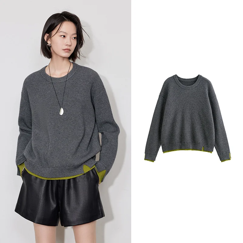 

Women Fake Two Piece Knitted Sweater 2025 Autumn Winter new Round Neck Lazy Style Ankola Red Sweater Tops
