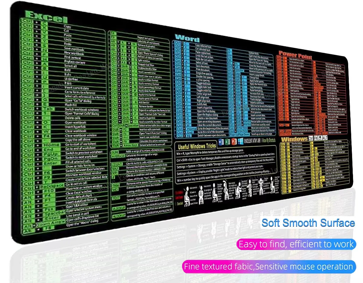 Office Shortcut Keys Mouse Pad Excel Word PowerPoint Windows Cheat Sheet Large Non Slip Keyboard Desk Mat For Office Workers
