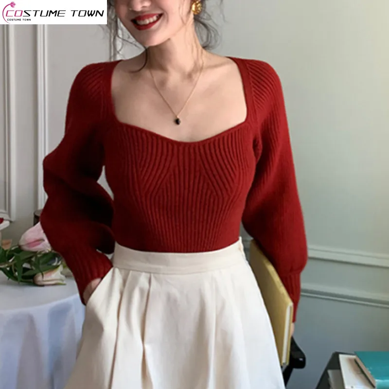 

Retro Square Neck Sweater Knitted Sweater for Women's Autumn and Winter New Fashionable Slimming Short Knitted Sweater