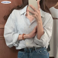 Chic Korea Cute Sweet Girls Basic Striped Boyfriend Shirts Blouses Women Japan Preppy Style Single-Breasted Button Retro Tops