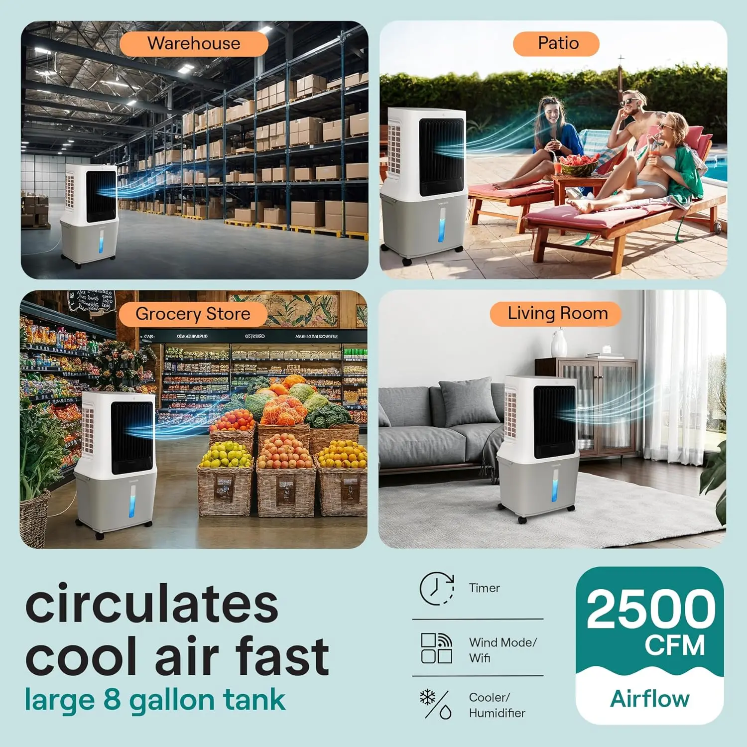 

Portable Swamp Cooler Air Conditioner - 2500 CFM Airflow, 8 Gallon Water Tank Portable Evaporative Air Cooler for Room & Outdoor