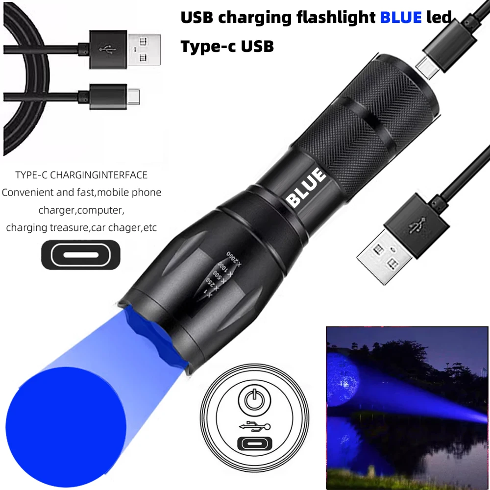 Flashlight LED Blue Light, Blue Torch Hunting Type-c Rechargeable, Outdoors Zoom Blood Tracking Light for Hunting Tactical torch