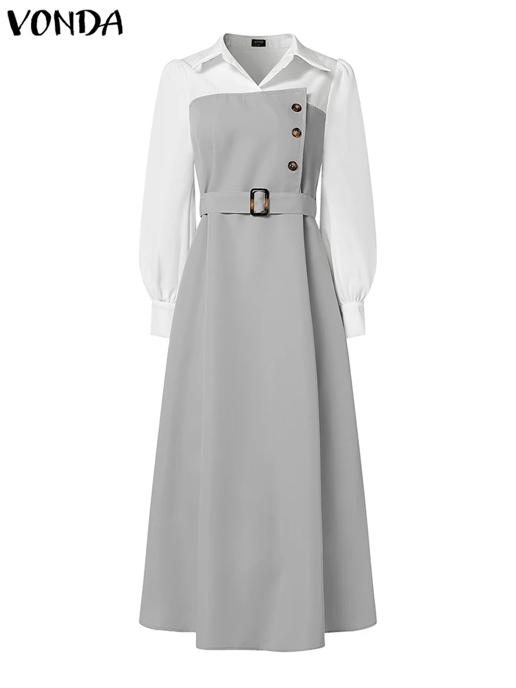 

VONDA Autumn Elegant Party Dresses Women Fashion Office Lady Long Shirt Sundress Long Sleeve Belted Color Patchwork Maxi Robe