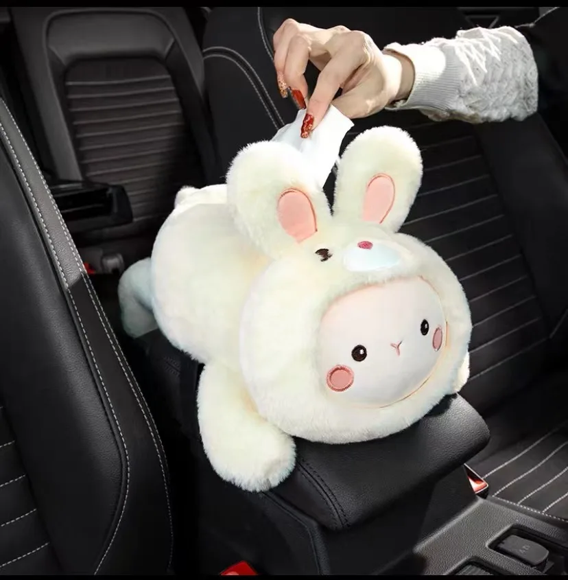 Cartoon Car Tissue Box Short Plush Car Tissue Holder Cute Rabbit Car Tissue Holder Box Plus Car Tissue Storage Car Interiors