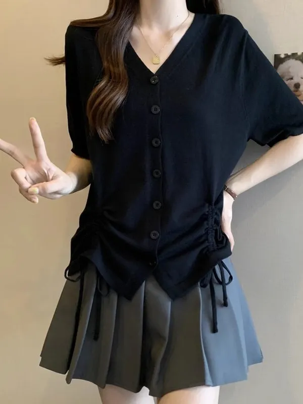 

Большие размеры V-Ne ort Sve Вязаный открытый кардиган женский летний новый свободный утягивающий универсальный топ с высокой талией Обычный све