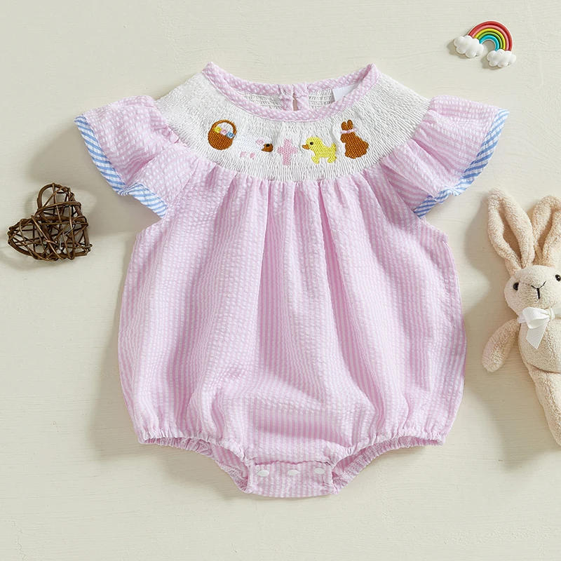 Adorable Toddler Easter Jumpsuit with Striped Pattern Cute Duck and Bunny Embroidery Round Neckline and Flutter Sleeves