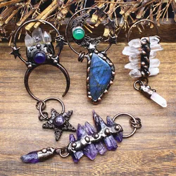Large Natural Amethysts Purple Crystal Quartz Labradorite Vintage Necklace Pendant Witch Bohemia Jewelry