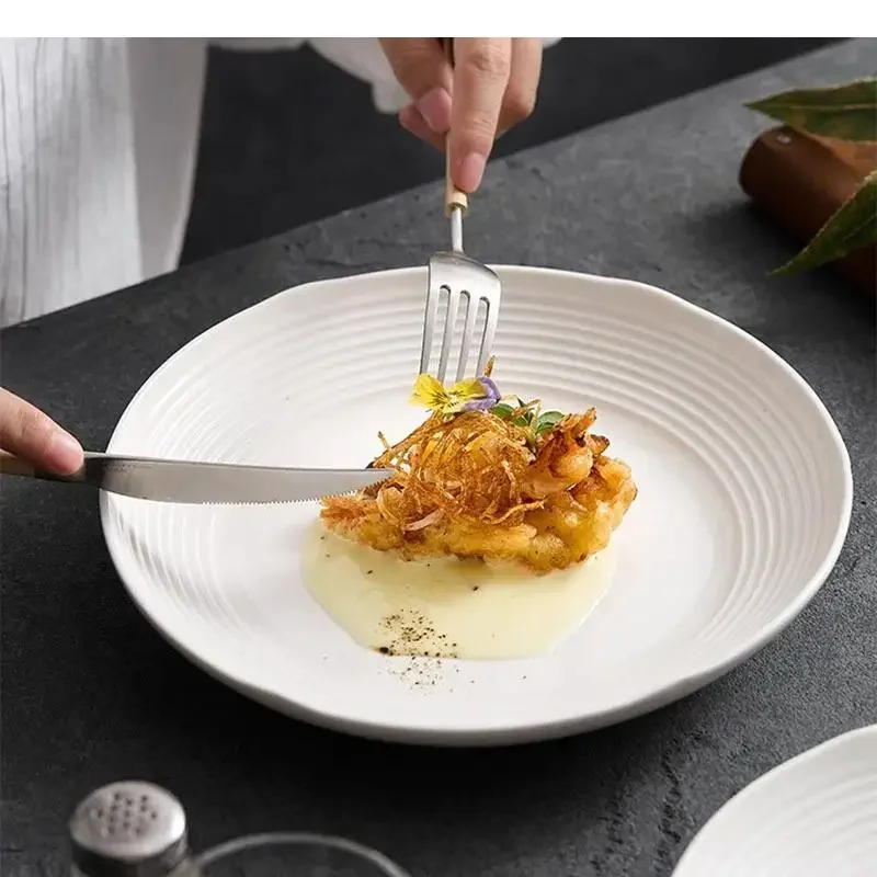 Ceramic Pure White Horizontal Pattern Deep Plate Restaurant Salad Pasta Soup Plates Dessert Dish Specialty Tableware