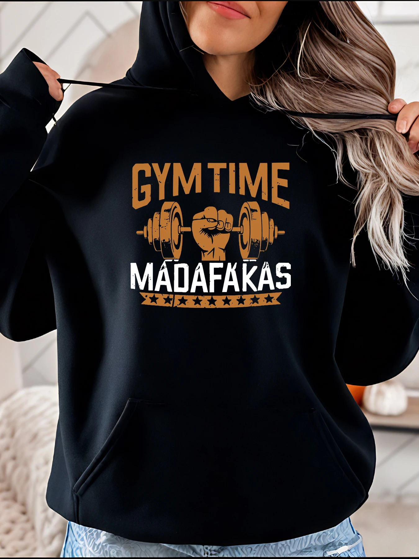 Gym Time Madafakas Print Hoodie Casual Sporty Design Barbell and Muscle Graphic Women Fitness Workout Wear
